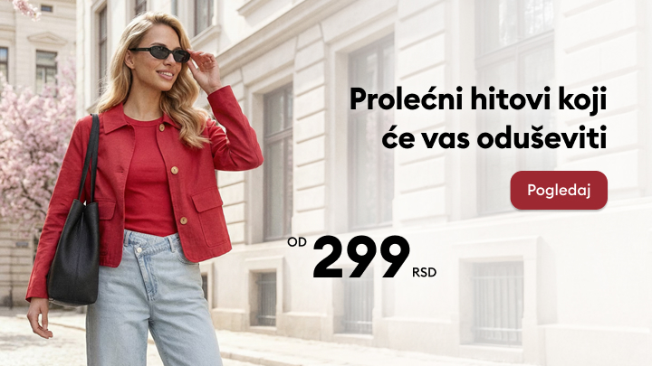 Promotivni sadržaj za prolećnu žensku modu, naglašava novu kolekciju i povoljnu početnu cenu, uz poziv da se pregleda ponuda.