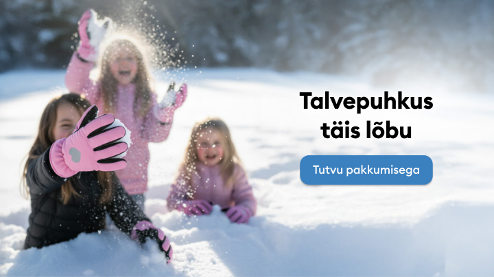 Talvepuhkus lumises looduses. Reklaam kutsub nautima vahvaid talvemõnusid koos pere või sõpradega. Tekst sisaldab pakkumist, millele pääseb ligi nupule klõpsates. Soovitatav tegevus: avasta talvepuhkuse võimalused ja naudi hetki täis rõõmu.