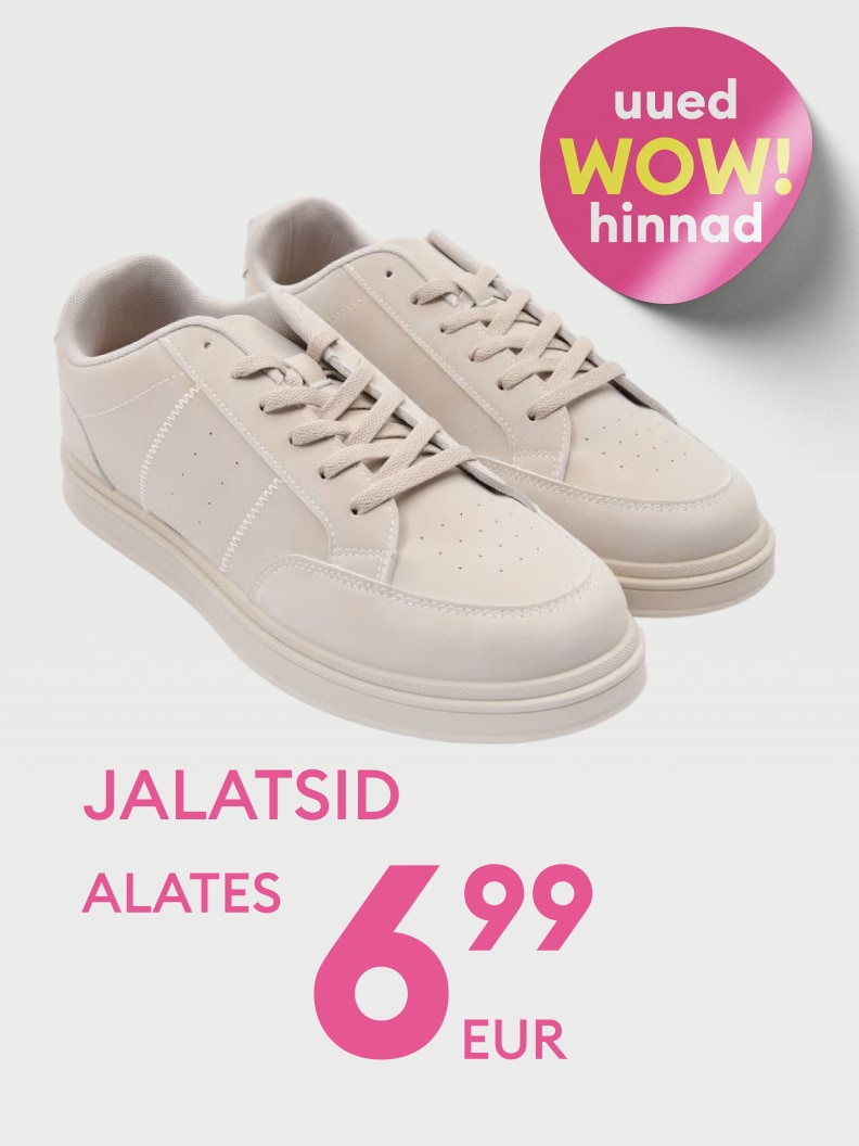 Reklaam soodushinnaga vabaajajalanõudele, mis teavitab uuest hinnapakkumisest ja kutsub ostma jalatsid alates 6,99 eurost