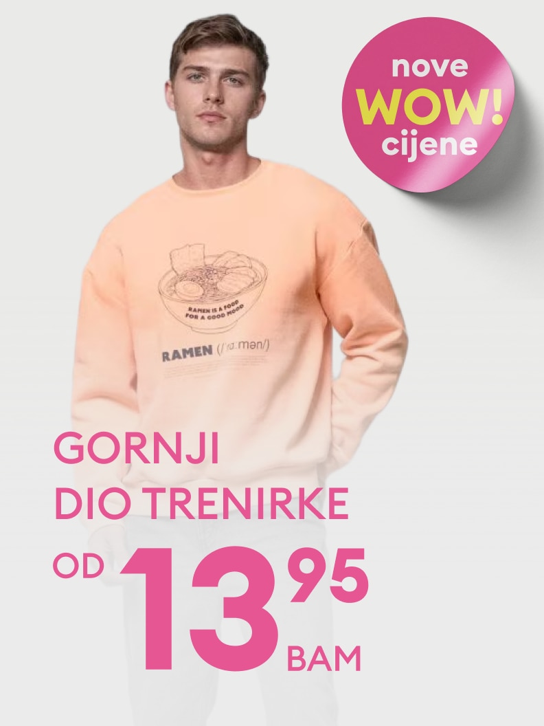 Promotivna ponuda muške gornje trenirke uz sniženu cijenu, ističe povoljnu kupovinu i sezonsku akciju u prodavnici odjeće.