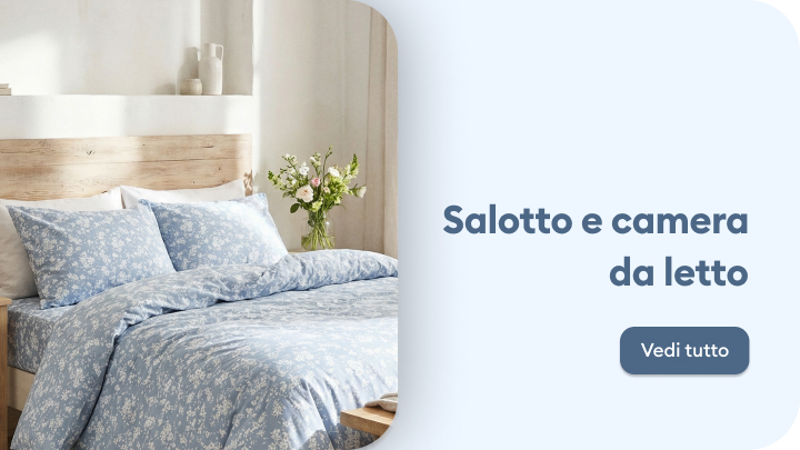 Promozione di prodotti per salotto e camera da letto, come biancheria e arredi, che invita a scoprire la collezione e migliorare il comfort della casa.
