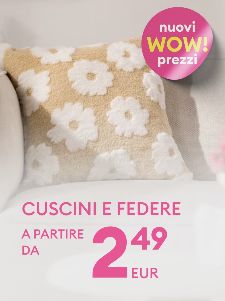 Promozione per cuscini e federe decorative, pensata per comunicare una nuova offerta con prezzi convenienti a partire da una cifra ridotta.