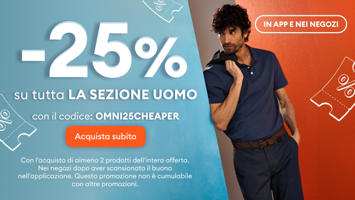 Promozione che comunica uno sconto del 25% sull’abbigliamento uomo, valido con un codice promozionale, utilizzabile solo nei negozi fisici, con condizioni come l’acquisto minimo e la non cumulabilità.