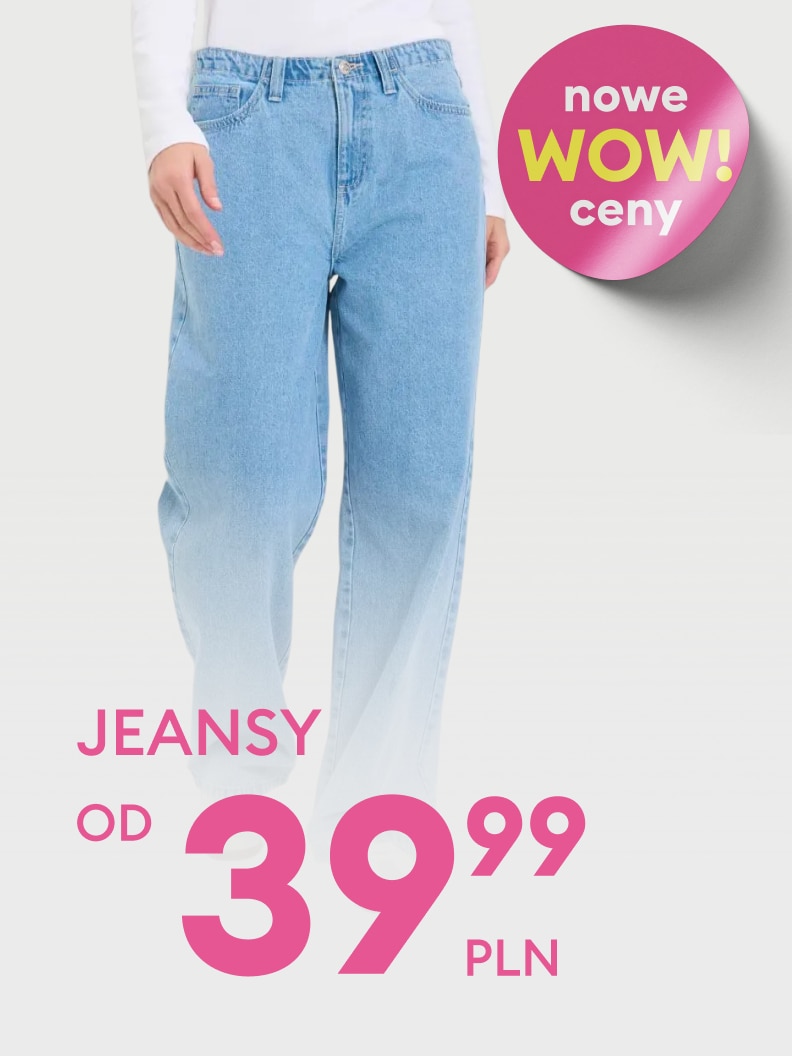 Reklama promocyjna dżinsów, prezentująca produkt i informująca o specjalnej ofercie cenowej w sklepie odzieżowym.
