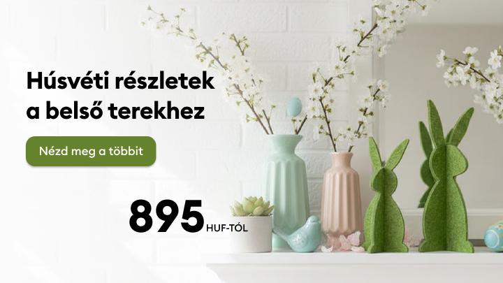 Húsvéti hangulatú lakásdekorációk promóciója, belső terek díszítéséhez, kedvező áron elérhető termékek felfedezésére és megvásárlására ösztönöz.