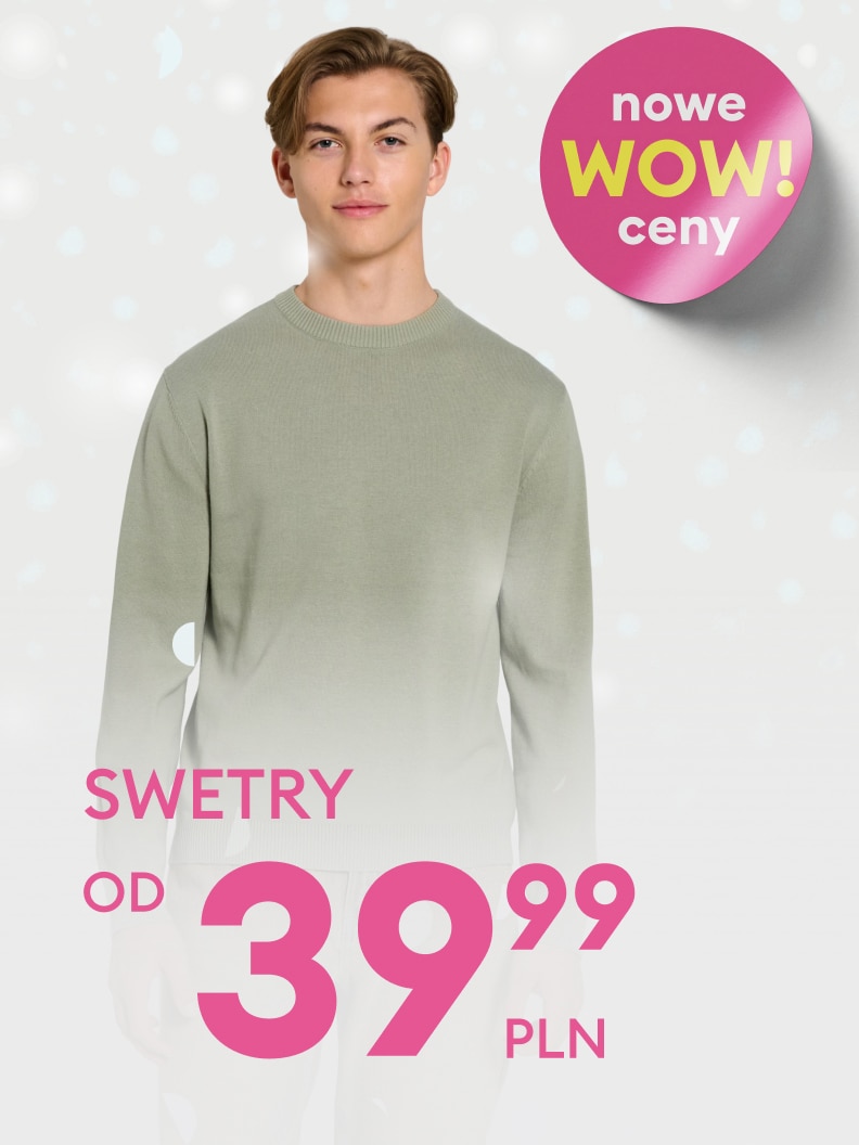 Promocja na swetry od 39,99 PLN. Grafika informuje o nowych, atrakcyjnych cenach, podkreślonych hasłem „nowe WOW! ceny”. Oferta dotyczy odzieży przedstawionej na zdjęciu. Idealna propozycja na chłodniejsze dni w korzystnej cenie.