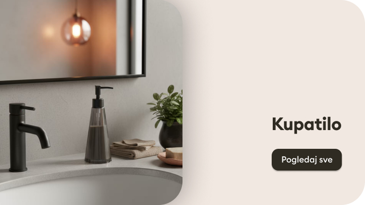 Elegantno uređeno kupatilo s ogledalom, dozatorom za sapun i crnom slavinom na umivaoniku. Pored su složeni ručnici, mala posuda i biljka u saksiji. Na desnoj strani teksta se nalazi natpis “Kupatilo” i dugme za pregled pod nazivom “Pogledaj sve”.