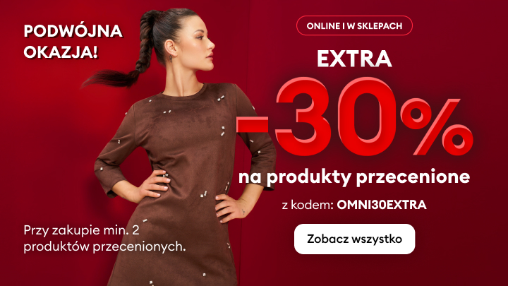 Podwójna okazja na zakupy online i w sklepach. Dodatkowe 30% zniżki na przecenione produkty przy zakupie minimum dwóch. Użyj kodu rabatowego: OMNI30EXTRA. Sprawdź szczegóły, klikając przycisk „Zobacz wszystko”.