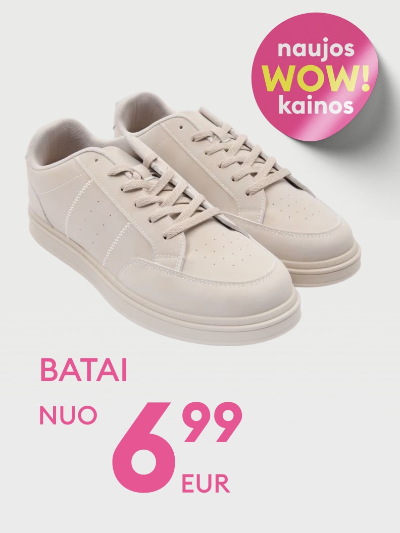 Reklaminis pasiūlymas: kasdieniai batai su nauja akcijine kaina, skirti informuoti apie patrauklų įsigijimo pasiūlymą.