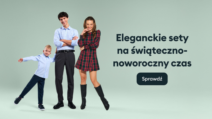 Elegancka kolekcja odzieży na świąteczno-noworoczny czas. Obok napisu znajduje się grupa osób ubranych w stylowe zestawy. Przycisk z napisem „Sprawdź” zachęca do poznania szczegółów. Idealne propozycje na wyjątkowe okazje w eleganckim wydaniu.