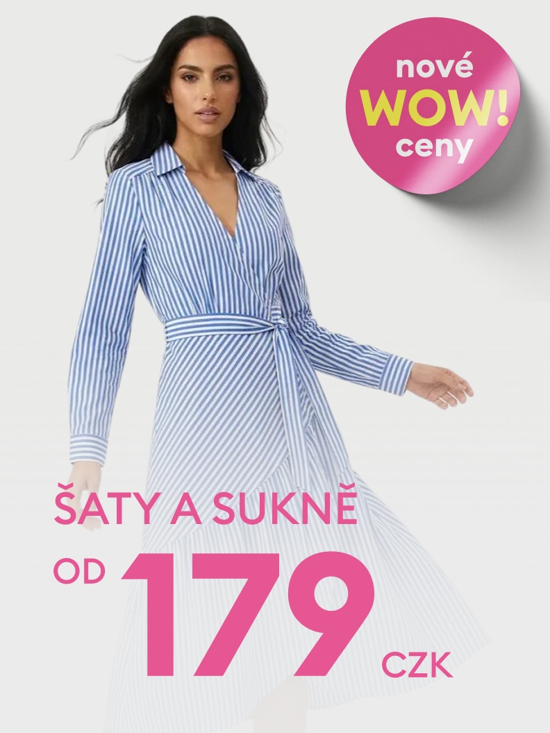 Propagační banner upozorňující na výhodnou nabídku dámských šatů a sukní s nově sníženými cenami od nízké částky.