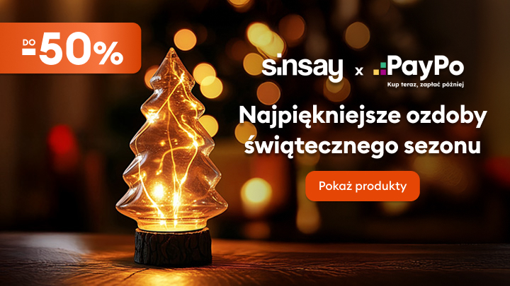 Promocja na ozdoby świąteczne w Sinsay. Zniżki do 50%. Zakupy możliwe z PayPo – kup teraz, zapłać później. Odkryj najpiękniejsze dekoracje sezonu i poznaj ofertę, klikając „Pokaż produkty”.
