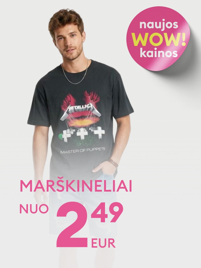 Marškinėlių išpardavimo pasiūlymas su naujomis kainomis nuo 2,49 EUR.