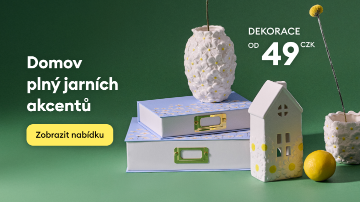 Propagace jarních bytových dekorací s cenami od 49 Kč, zaměřená na inspiraci a podporu nákupu sezónních doplňků do domácnosti.
