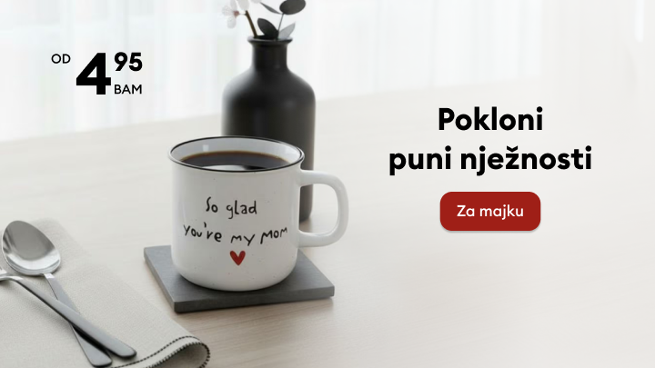 Promocija ideje za poklon majci, naglašava nježnost i pažnju kroz simboličan dar, uz poruku pristupačne kupovine za posebnu priliku.