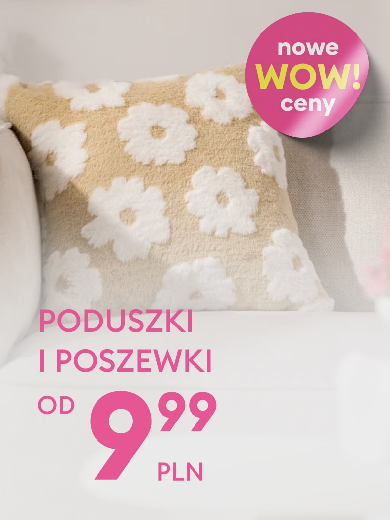 Promocja cenowa na poduszki i poszewki, informująca o nowych, obniżonych cenach i zachęcająca do zakupu.