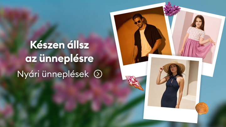 Nyári ünnepségekre ösztönző promóció, amely különböző alkalmi öltözékekkel inspirálja a vásárlót az ünneplésre és az outfitválasztásra.