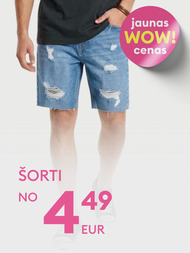 Akcija vīriešu džinsa šortiem ar īpaši zemu cenu, sākot no 4,49 EUR.
