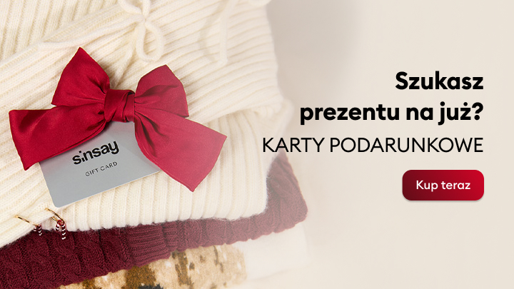 Uniwersalny prezent świąteczny w formie karty podarunkowej Sinsay o wartości od 20 do 500 złotych.