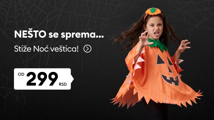 Devojčica u kostimu bundeve najavljuje ponudu za Noć veštica po ceni od 299 RSD