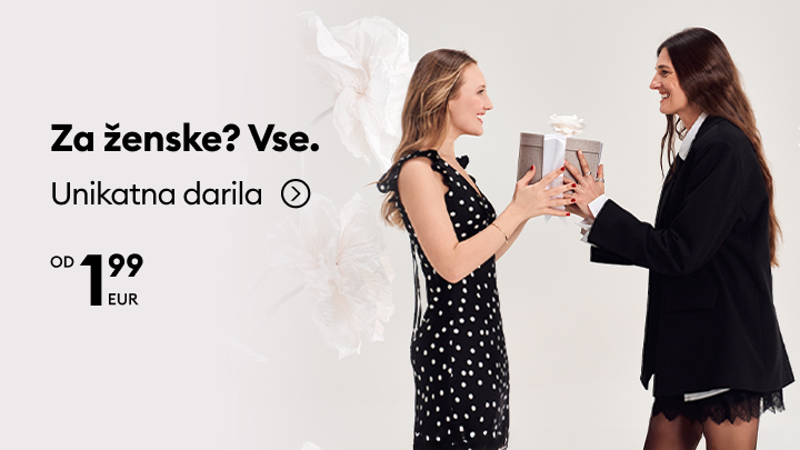 Promocija unikatnih daril za ženske, ki poudarja veselje obdarovanja in ugodno izbiro daril.
