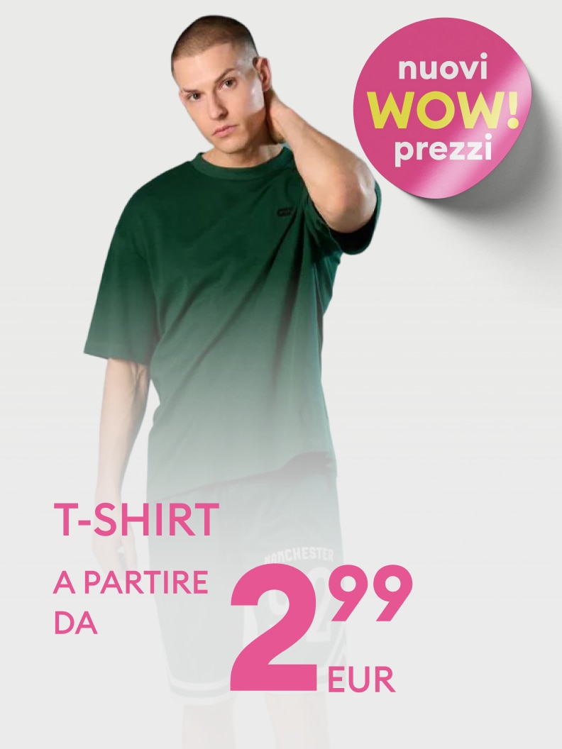 Promozione di una T‑shirt da uomo con nuova offerta a prezzo molto conveniente, pensata per attirare l’attenzione su capi basic disponibili a partire da 2,99 euro.