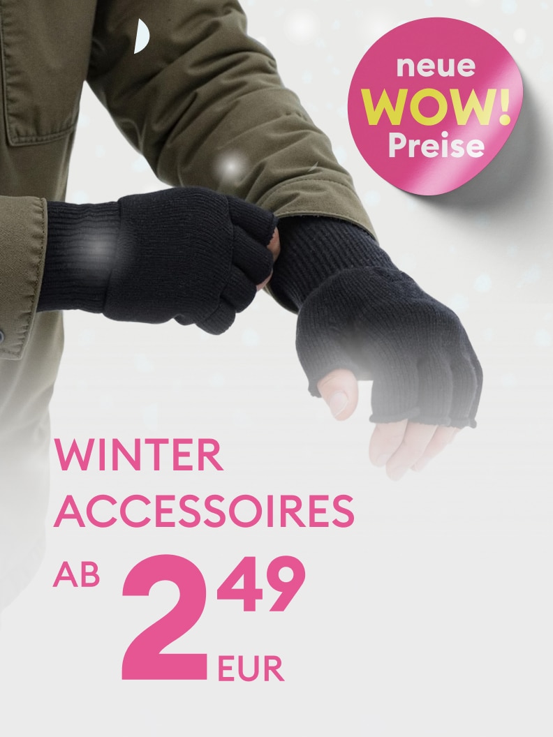 Winteraccessoires ab 2,49 Euro. Entdecken Sie praktische und wärmende Artikel für die kalte Jahreszeit. Perfekt geeignet für frostige Tage, um Hände und Körper warm zu halten. Neue WOW-Preise für Ihre Winterausrüstung.