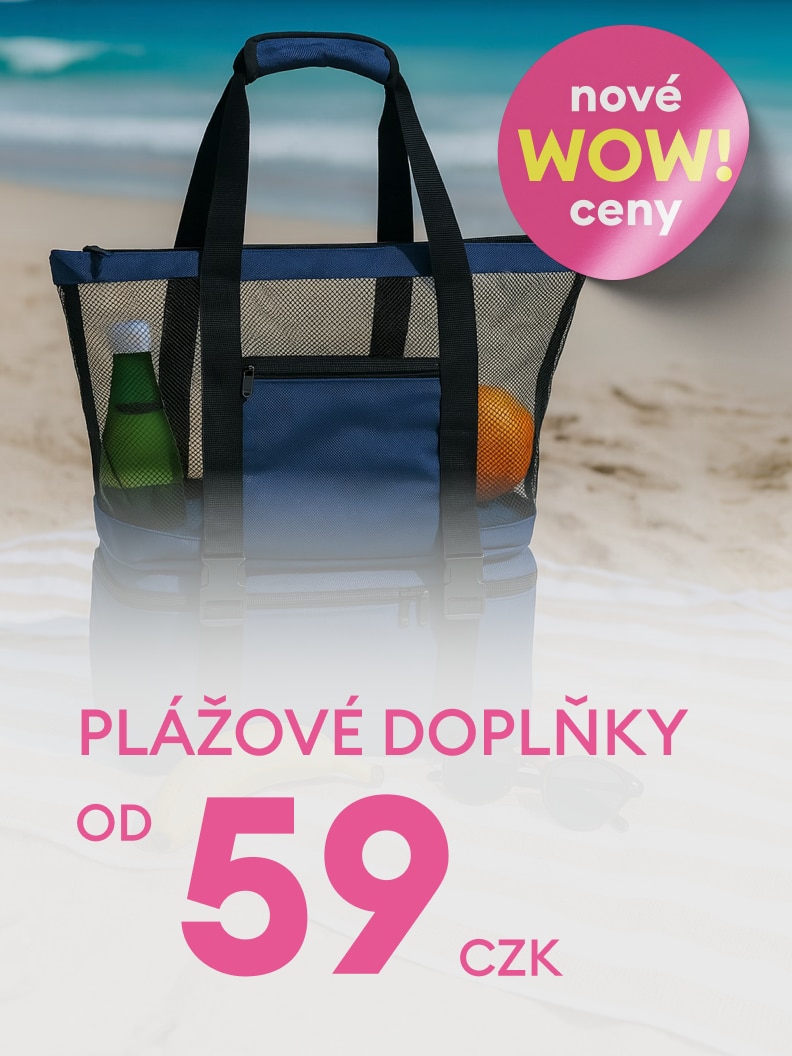 Propagace plážových doplňků s novými výhodnými cenami od 59 Kč, určených pro letní aktivity a pobyt u vody.