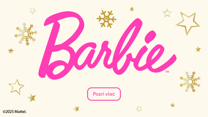 Obrázok z nápisom Barbie obklopený hviezdičkami a snehovými vločkami. Pod nápisom sa nachádza tlačidlo s textom „Pozri viac“. Tento vizuál pravdepodobne propaguje obsah súvisiaci s Barbie a zimnou alebo sviatočnou tematikou.