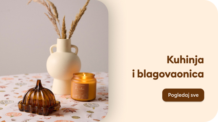 Dekorativni elementi za kuhinju i blagovaonicu. Na stolu se nalaze elegantna vaza sa suhim biljem, mirisna svijeća i stakleni držač. Desno od fotografije nalazi se slogan 