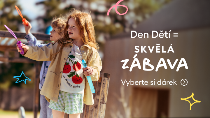 Propagační sdělení k Dni dětí vyzývající k výběru dárku a zdůrazňující radost, hru a zábavu pro děti.