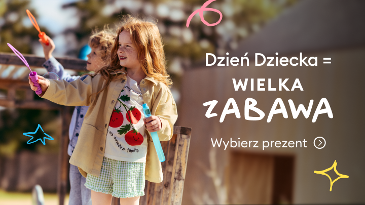Baner promujący ofertę prezentów na Dzień Dziecka, komunikujący radość zabawy dzieci i zachęcający do wyboru upominku.