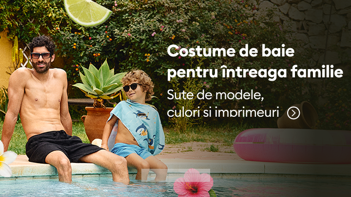 Promovare a colecției de costume de baie pentru întreaga familie, evidențiind varietatea mare de modele, culori și imprimeuri disponibile pentru adulți și copii.