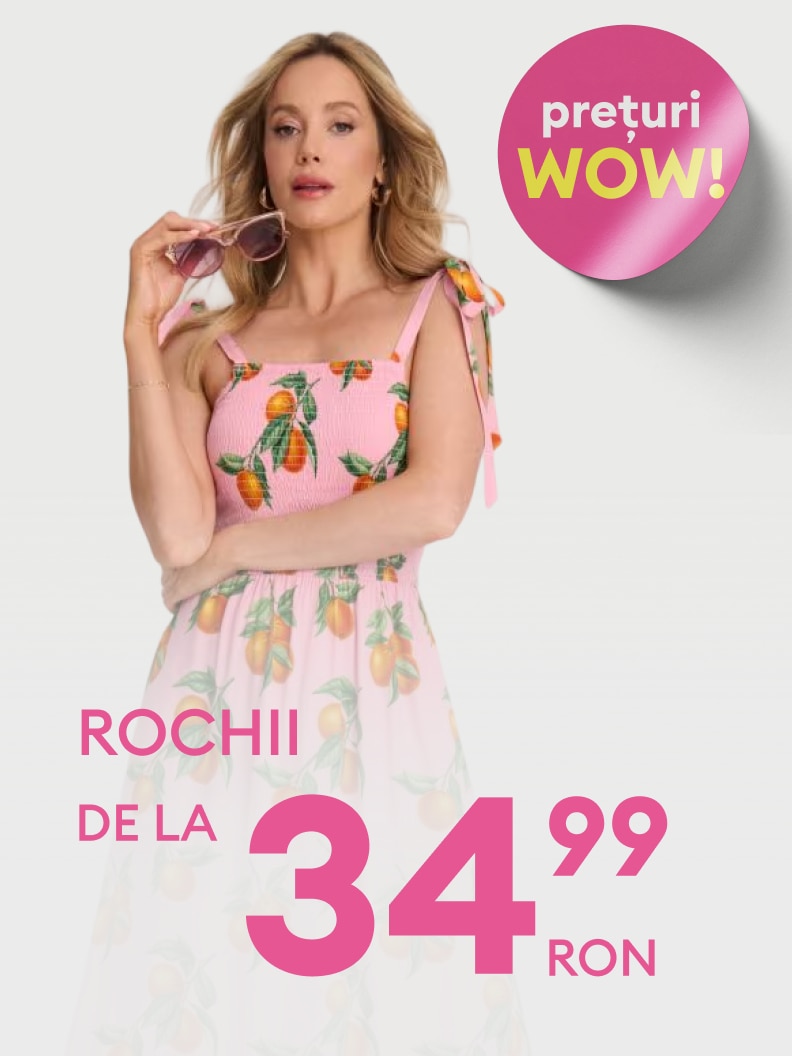 Promovare de rochii de damă pentru sezonul cald, evidențiind o ofertă specială cu preț promoțional atractiv.