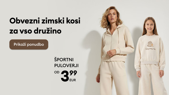 Obvezni zimski komplet za vso družino. Športni puloverji na voljo od 3,99 EUR. Na sliki so predstavljeni udobni zimski oblačili za odrasle in otroke. Gumb z napisom “Prikaži ponudbo” omogoča ogled več informacij o izdelkih.