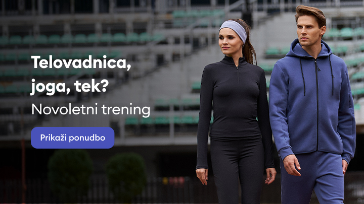 Vadba v fitnesu, joga ali tek? Povabilo na novoletni trening za dosego ciljev. Na voljo je gumb za prikaz ponudbe in več informacij o različnih aktivnostih, ki pomagajo ohranjati zdravje in dobro počutje.