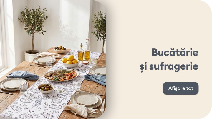 Colecție pentru bucătărie și sufragerie cu accesorii și decorațiuni pentru masă și servirea mesei în familie