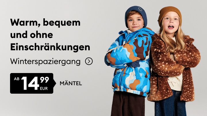 Kinder in warmen Wintermänteln für bequeme Spaziergänge bei kaltem Wetter, Angebot für Winteroberbekleidung ab 14,99 Euro