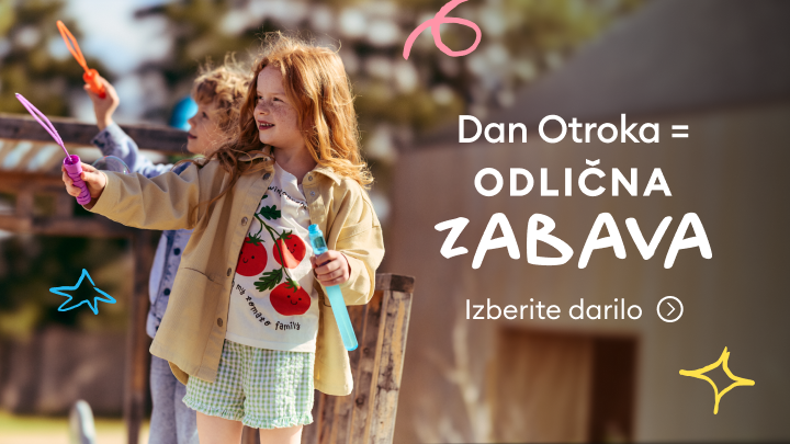 Promocija za dan otroka, ki spodbuja izbiro darila ter poudarja zabavo, igro in veselje otrok.