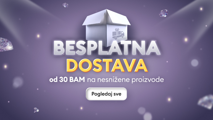 Promotivna poruka o besplatnoj dostavi za narudžbe iznad 30 BAM na proizvode bez sniženja, s pozivom da se pregledaju dostupne ponude.