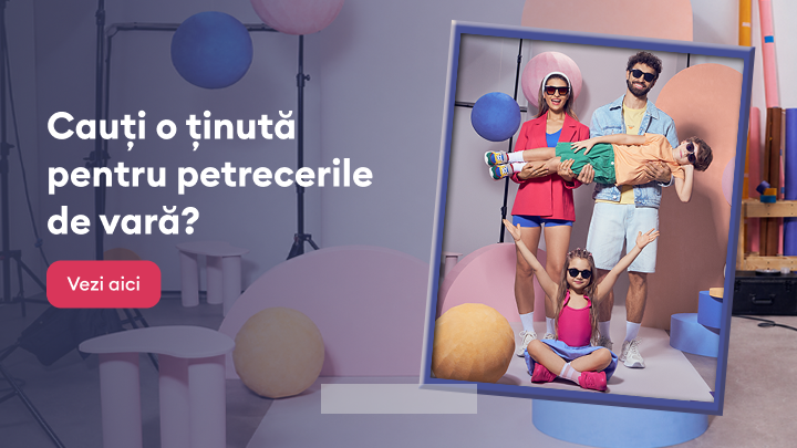 Promovare a ținutelor de vară pentru petreceri, prezentând o colecție de modă casual și festivă pentru tineri, cu invitație de a explora opțiunile disponibile.