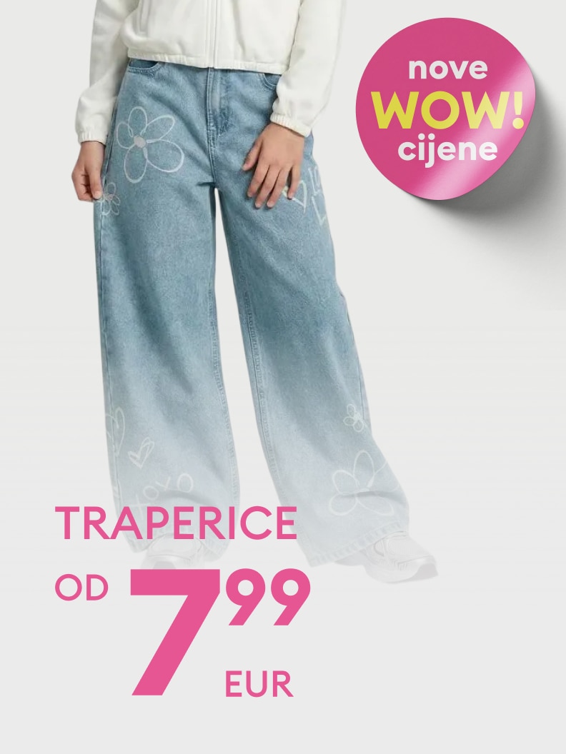 Promotivna ponuda traperica s posebnim, sniženim cijenama, usmjerena na poticanje kupnje modnog odjevnog artikla.