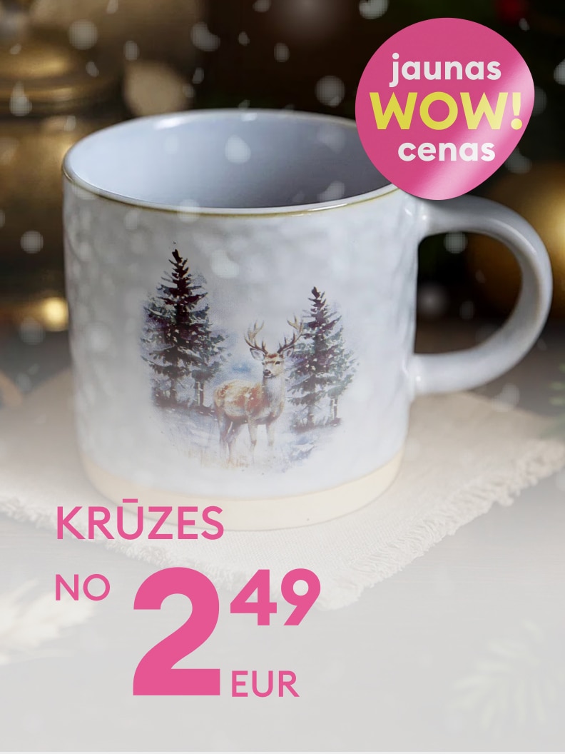 Jaunas cenas! Skaista krūze ar ziemas tematisko dizainu un meža ainu – stirna sniegotā priedēs. Pieejama no 2,49 EUR. גד