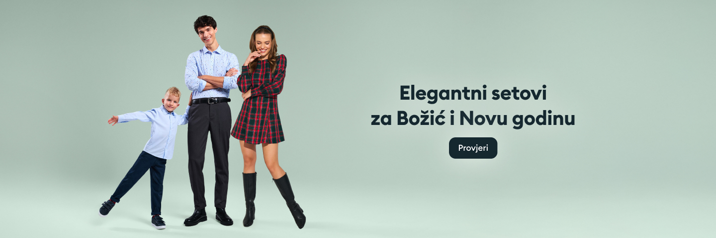Porodica pozira u elegantnoj odjeći uz poruku "Elegantni setovi za Božić i Novu godinu" i dugme za provjeru.