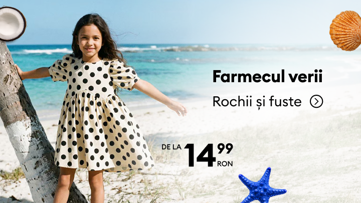Promovare colecție de vară pentru rochii și fuste, evidențiind oferte avantajoase pentru sezonul cald.