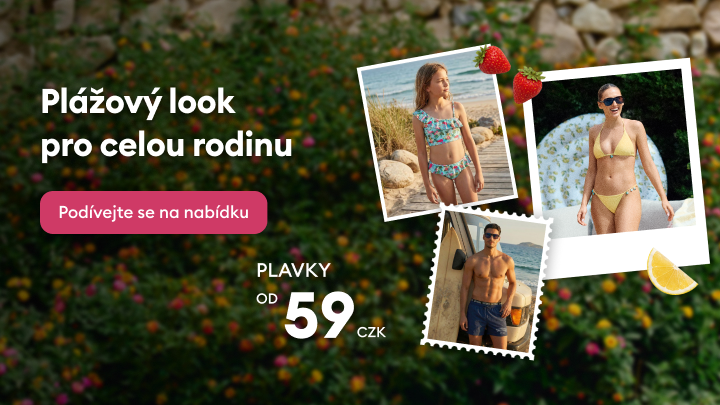 Propagační banner informující o nabídce plavek pro celou rodinu s cenami od 59 Kč a výzvou k prohlédnutí nabídky.