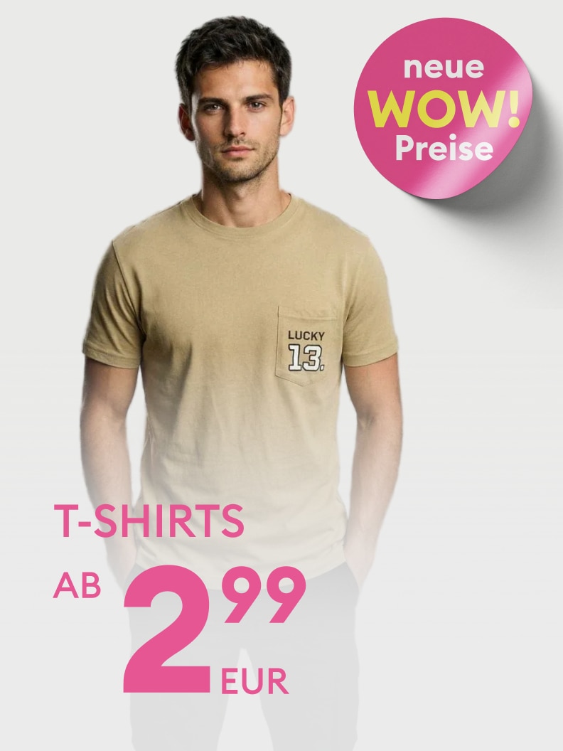 Werbebild zur Bewerbung von T‑Shirts mit neuen Sonderpreisen, zeigt ein getragenes Herren‑T‑Shirt als Produktbeispiel.