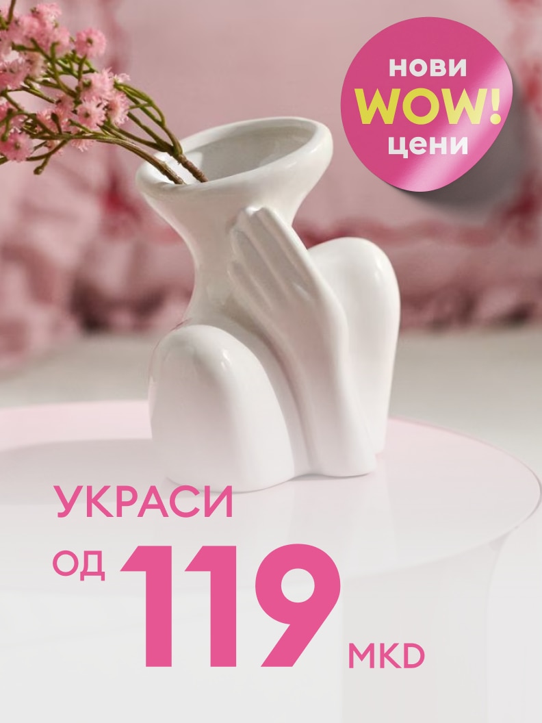 Промоција за домашни украси со нови поволни цени, прикажува декоративна вазна како пример од понудата со ниска почетна цена.
