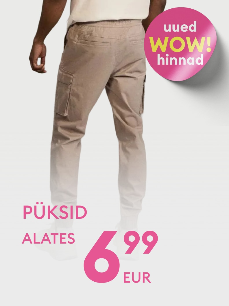 Reklaam pükste müügikampaania kohta, mis teavitab uutest soodushindadest ja madalast alghinnast.