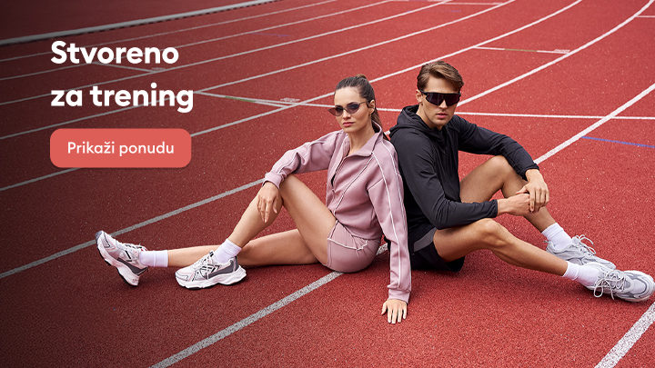 Dvoje ljudi sjedi na atletskoj stazi. Promovišu sportsku odjeću koja je dizajnirana za trening. Na slici se nalazi dugme s natpisom „Prikaži ponudu” koje vodi ka dodatnim informacijama o proizvodu.